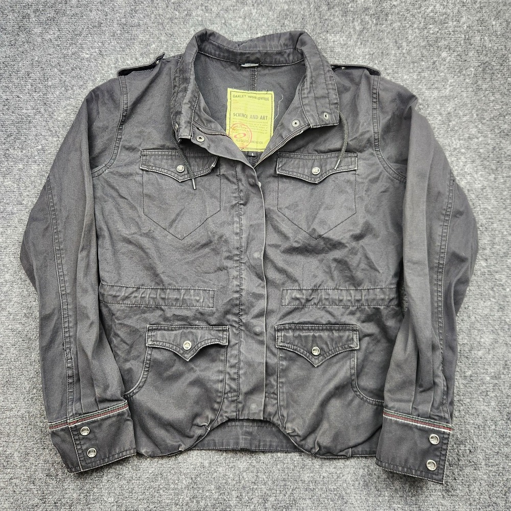 VTG Y2K Oakley Worldwide Jacket Womens Large Black Military Zip Pockets Utility